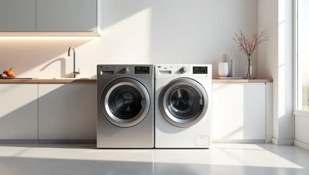مقایسه ماشین لباسشویی اسنوا و پاکشوما با نمایش دو ماشین لباسشویی مدرن در فضای مینیمال و روشن